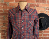 1980s Vintage Men's Wrangler Western Shirt Cowboy Style Burgundy & Blue Plaid Long Sleeve Pearl Snap Shirt by Wrangler - Size LARGE