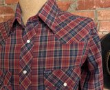 1980s Vintage Men's Wrangler Western Shirt Cowboy Style Burgundy & Blue Plaid Long Sleeve Pearl Snap Shirt by Wrangler - Size LARGE