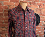 1980s Vintage Men's Wrangler Western Shirt Cowboy Style Burgundy & Blue Plaid Long Sleeve Pearl Snap Shirt by Wrangler - Size LARGE