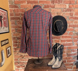 1980s Vintage Men's Wrangler Western Shirt Cowboy Style Burgundy & Blue Plaid Long Sleeve Pearl Snap Shirt by Wrangler - Size LARGE