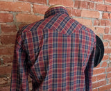 1980s Vintage Men's Wrangler Western Shirt Cowboy Style Burgundy & Blue Plaid Long Sleeve Pearl Snap Shirt by Wrangler - Size LARGE