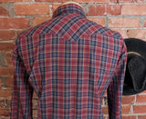 1980s Vintage Men's Wrangler Western Shirt Cowboy Style Burgundy & Blue Plaid Long Sleeve Pearl Snap Shirt by Wrangler - Size LARGE