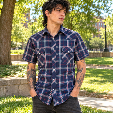 1980s Vintage Men's Wrangler Western Shirt Cowboy Style Dark Navy Blue Plaid Short Sleeve Pearl Snap Shirt by Wrangler - Size LARGE