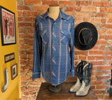1970s Vintage Wrangler Western Shirt Blue, Pink & White Plaid Pearl Snap Long Sleeve Cowboy Shirt by Wrangler - Size XL