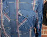 1970s Vintage Wrangler Western Shirt Blue, Pink & White Plaid Pearl Snap Long Sleeve Cowboy Shirt by Wrangler - Size XL
