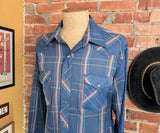 1970s Vintage Wrangler Western Shirt Blue, Pink & White Plaid Pearl Snap Long Sleeve Cowboy Shirt by Wrangler - Size XL
