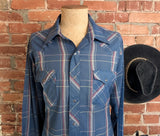 1970s Vintage Wrangler Western Shirt Blue, Pink & White Plaid Pearl Snap Long Sleeve Cowboy Shirt by Wrangler - Size XL