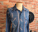 1970s Vintage Wrangler Western Shirt Blue, Pink & White Plaid Pearl Snap Long Sleeve Cowboy Shirt by Wrangler - Size XL