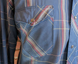 1970s Vintage Wrangler Western Shirt Blue, Pink & White Plaid Pearl Snap Long Sleeve Cowboy Shirt by Wrangler - Size XL