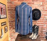 1970s Vintage Wrangler Western Shirt Blue, Pink & White Plaid Pearl Snap Long Sleeve Cowboy Shirt by Wrangler - Size XL