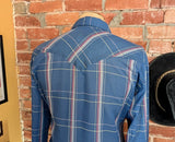 1970s Vintage Wrangler Western Shirt Blue, Pink & White Plaid Pearl Snap Long Sleeve Cowboy Shirt by Wrangler - Size XL