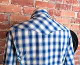 1990s Vintage Rustler by Wrangler Western Shirt Men’s Large Blue White Plaid Metallic Thread Pearl Snaps Y2K Era Cowboy - Size LARGE