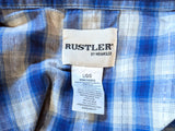 1990s Vintage Rustler by Wrangler Western Shirt Men’s Large Blue White Plaid Metallic Thread Pearl Snaps Y2K Era Cowboy - Size LARGE