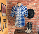 1990s Vintage Rustler by Wrangler Western Shirt Men’s Large Blue White Plaid Metallic Thread Pearl Snaps Y2K Era Cowboy - Size LARGE