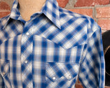 1990s Vintage Rustler by Wrangler Western Shirt Men’s Large Blue White Plaid Metallic Thread Pearl Snaps Y2K Era Cowboy - Size LARGE