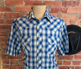 1990s Vintage Rustler by Wrangler Western Shirt Men’s Large Blue White Plaid Metallic Thread Pearl Snaps Y2K Era Cowboy - Size LARGE