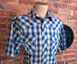 1990s Vintage Rustler by Wrangler Western Shirt Men’s Large Blue White Plaid Metallic Thread Pearl Snaps Y2K Era Cowboy - Size LARGE