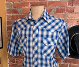 1990s Vintage Rustler by Wrangler Western Shirt Men’s Large Blue White Plaid Metallic Thread Pearl Snaps Y2K Era Cowboy - Size LARGE