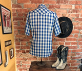 1990s Vintage Rustler by Wrangler Western Shirt Men’s Large Blue White Plaid Metallic Thread Pearl Snaps Y2K Era Cowboy - Size LARGE