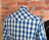 1990s Vintage Rustler by Wrangler Western Shirt Men’s Large Blue White Plaid Metallic Thread Pearl Snaps Y2K Era Cowboy - Size LARGE