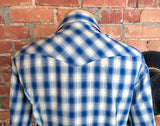 1990s Vintage Rustler by Wrangler Western Shirt Men’s Large Blue White Plaid Metallic Thread Pearl Snaps Y2K Era Cowboy - Size LARGE