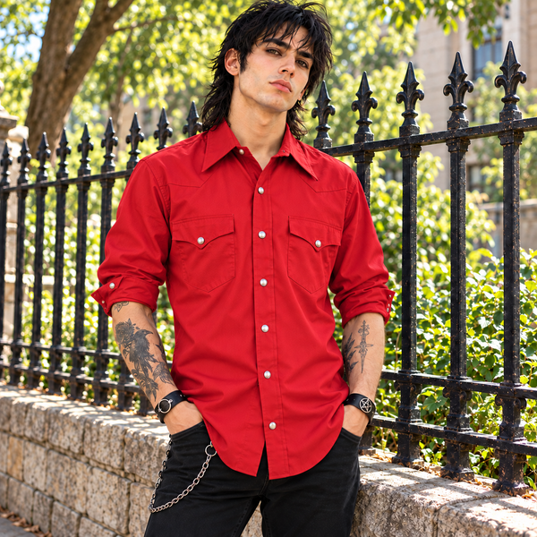 1970s Vintage Vibrant Red Western Shirt Men's Cowboy Style Long Sleeve Pearl Snap Shirt by Malco Modes San Francisco - Size LARGE