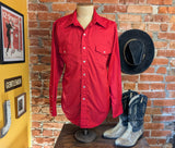 1970s Vintage Vibrant Red Western Shirt Men's Cowboy Style Long Sleeve Pearl Snap Shirt by Malco Modes San Francisco - Size LARGE