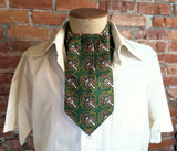 1970s Vintage Hardy Amies Ascot Tie, Men's Green Ornate Patterned Pre-tied Ascot with Velcro Closure, London, British MOD