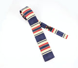 1960s Vintage Rooster Square End Tie, Striped Cotton & Silk Blend Skinny Necktie with Navy Blue, Red, Khaki and Green Stripes, Mod Preppy