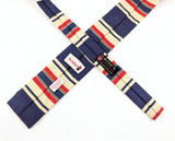 1960s Vintage Rooster Square End Tie, Striped Cotton & Silk Blend Skinny Necktie with Navy Blue, Red, Khaki and Green Stripes, Mod Preppy