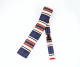 1960s Vintage Rooster Square End Tie, Striped Cotton & Silk Blend Skinny Necktie with Navy Blue, Red, Khaki and Green Stripes, Mod Preppy