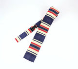 1960s Vintage Rooster Square End Tie, Striped Cotton & Silk Blend Skinny Necktie with Navy Blue, Red, Khaki and Green Stripes, Mod Preppy