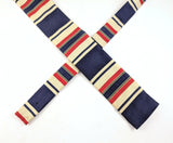 1960s Vintage Rooster Square End Tie, Striped Cotton & Silk Blend Skinny Necktie with Navy Blue, Red, Khaki and Green Stripes, Mod Preppy