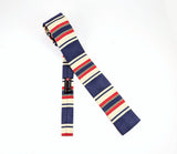 1960s Vintage Rooster Square End Tie, Striped Cotton & Silk Blend Skinny Necktie with Navy Blue, Red, Khaki and Green Stripes, Mod Preppy