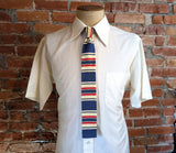 1960s Vintage Rooster Square End Tie, Striped Cotton & Silk Blend Skinny Necktie with Navy Blue, Red, Khaki and Green Stripes, Mod Preppy