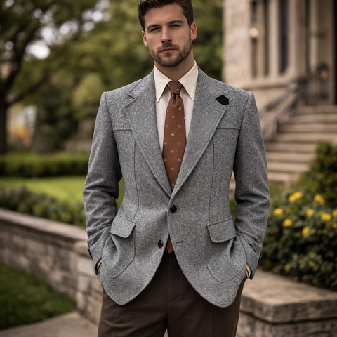 1970s Gray Tweed Men's Disco Era Vintage Suit Jacket / Sport Coat with Black Suede Elbow Patches h.i.s. Tailored Clothing - Size 40 (MEDIUM)