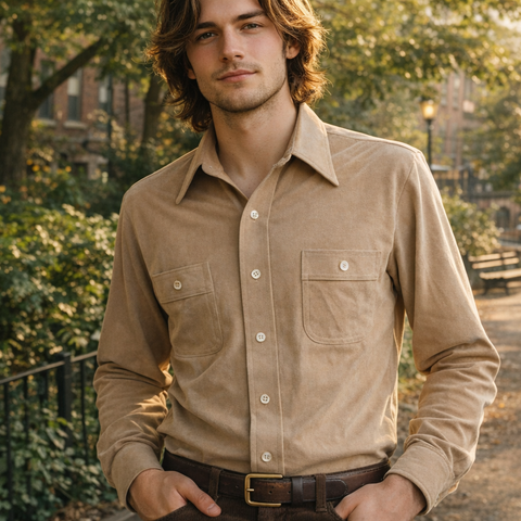 1970s Men's Ultrasuede Disco Era Shirt Vintage Light Brown Long Sleeve Shirt by SEARS Sportswear - Size XL