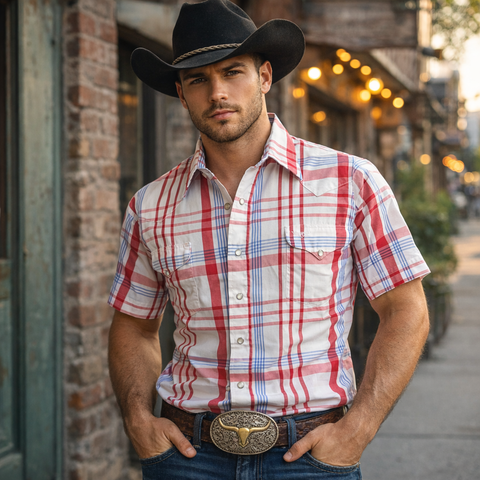 1980s Vintage Short Sleeve Western Shirt Flying R Ranchwear Red, White & Blue Plaid Men's Cowboy Style Pearl Snap Shirt by Ruddock - Size XL