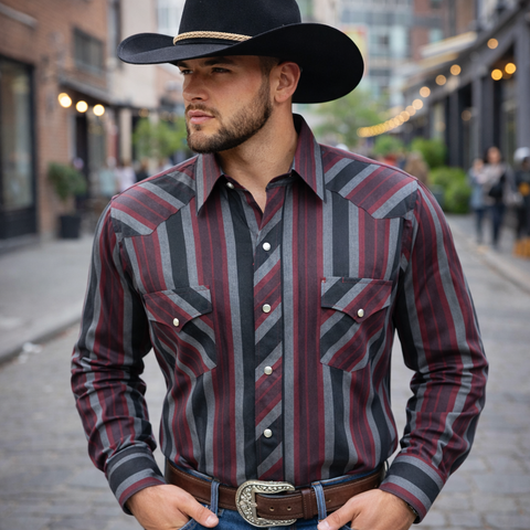 1980s Vintage White Horse Western Shirt Men's Cowboy Style Black, Gray & Burgundy Striped Long Sleeve Pearl Snap Shirt - Size XXL