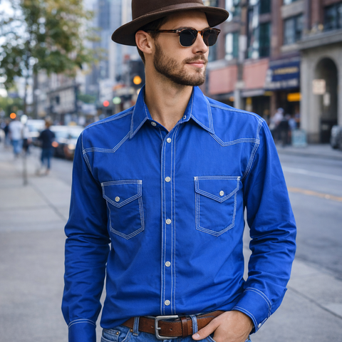 1990s Vintage HIGH NOON Blue Western Dress Shirt with White Topstitching Men's Cowboy Style Long Sleeve Pearl Snap Shirt - Size LARGE Tall