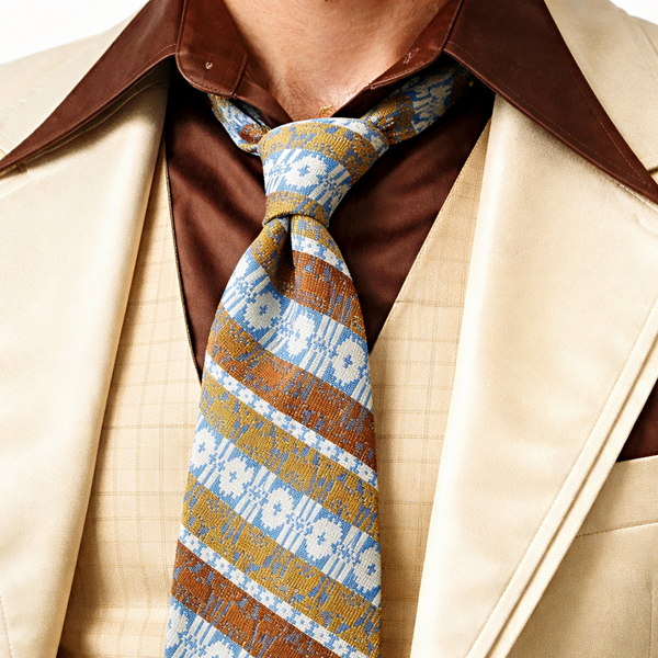 1970s Wide Brown, Blue & Silver Tie Men's Vintage Disco Era Textured Woven 100% Acetate Necktie with Abstract Geometric Designs