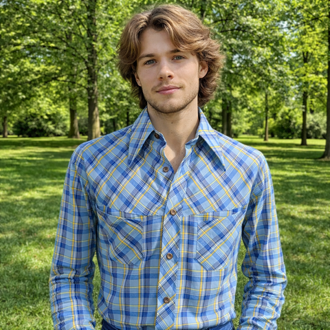 1970s Sears Plaid Men's Disco Era Vintage Long Sleeve Blue, Yellow & White Perma-Prest Western Style Shirt from JEANS JOINT - Size LARGE
