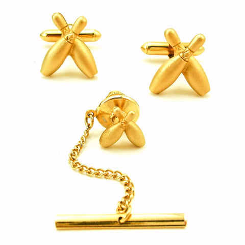 1960s SWANK Bowling Cufflinks & Tie Pin Set Mid Century Modern Gold Tone Metal Bowling Pin Cuff links and Tie Tack by SWANK