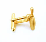 1960s SWANK Bowling Pin Cufflinks & Tie Pin Set Mid Century Vintage Gold Tone Metal Cuff links and Tie Tack by SWANK in Blue Velvet Box