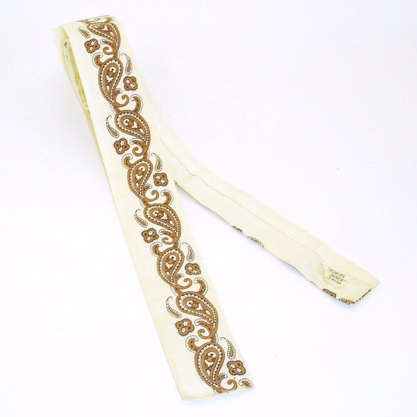 1950s Square Paisley Tie Mens Vintage 50s Off white Cotton Square Bottom Skinny Narrow Tie with Brown & Black Screen Printed Paisley Designs