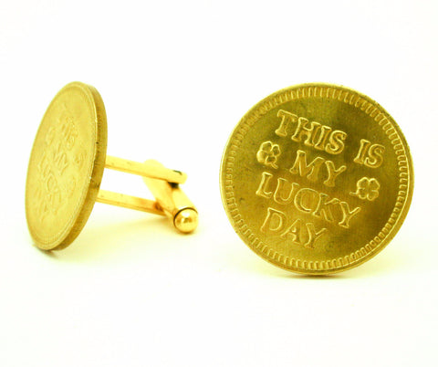 1 Pair My Lucky Day Cufflinks Made with 1970s Vintage Gold Tone Metal Las Vegas Casino Slot Machine Tokens