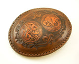 1970s Leather Belt Buckle Mens Vintage Cowboy Western Belt Buckle with tooled Buffalo Indian Head nickel 1930 design