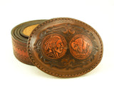 1970s Leather Belt Buckle Mens Vintage Cowboy Western Belt Buckle with tooled Buffalo Indian Head nickel 1930 design