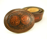 1970s Leather Belt Buckle Mens Vintage Cowboy Western Belt Buckle with tooled Buffalo Indian Head nickel 1930 design
