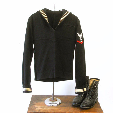 1940s Vintage U.S. Navy Uniform Top, WWII era Navy Blue Wool Petty Officer Third Class Machinist Cracker Jack Sailor Suit - Size SMALL